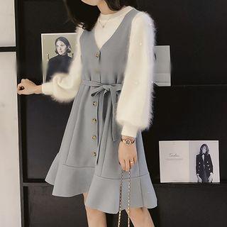 Set: Beaded Sweater + Sleeveless A-line Dress
