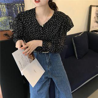 Dot V-neck Ruffle Chiffon Blouse