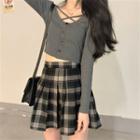 Long-sleeve Button-up Crop Top / Plaid Pleated Mini Skirt