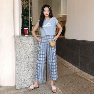 Lettering Short-sleeve T-shirt / Crop Plaid Straight Fit Pants