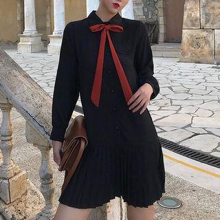 Long-sleeve Pleated Mini Shirtdress