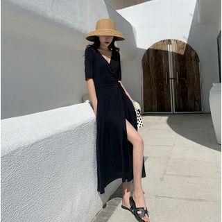 V-neck Plain Slit Midi A-line Dress