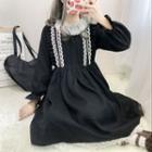 Lace Trim Long-sleeve A-line Dress Black - One Size