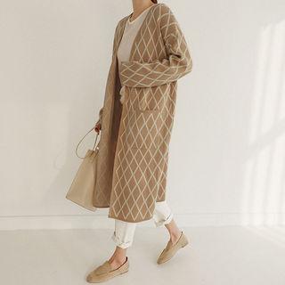 Argyle Knit Long Open Cardigan Beige - One Size