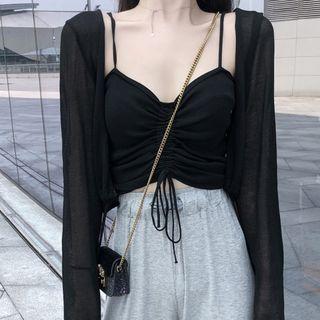 Set: Open Front Light Knit Cardigan + Ruched Sleeveless Top