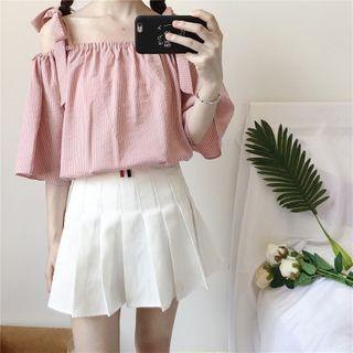 Pinstriped Cold-shoulder Blouse