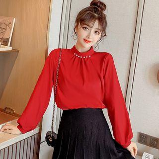 Long-sleeve Faux Pearl Plain Blouse