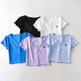 Butterfly Embroidered Button Short-sleeve Cropped T-shirt
