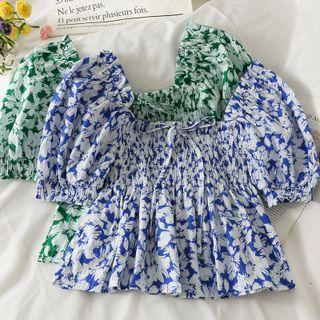 Off-shoulder Ruffle-trim Printed Crop Top