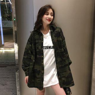 Camouflage Button-up Oversize Shirt Army Green - One Size