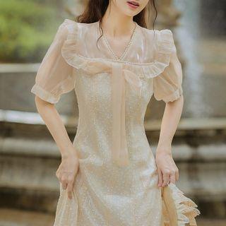 Short-sleeve Bow Mesh Midi Dress