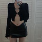 Long-sleeve Chained Knit Top / Faux Leather Mini Skirt