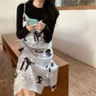Spaghetti Strap Print Midi Dress / Long-sleeve Plain Top