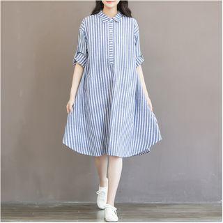 Striped Half-placket Long-sleeve Midi Shirtdress