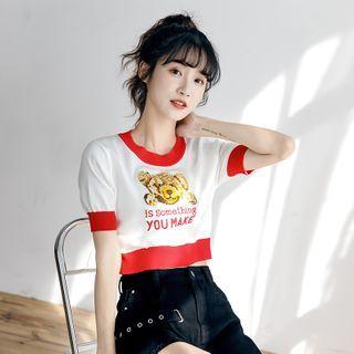 Bear Print Short-sleeve Cropped Knit Top