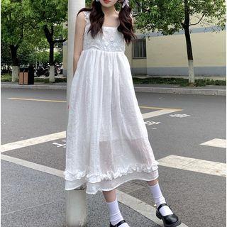 Floral Embroidered Overall Dress White Dress - One Size