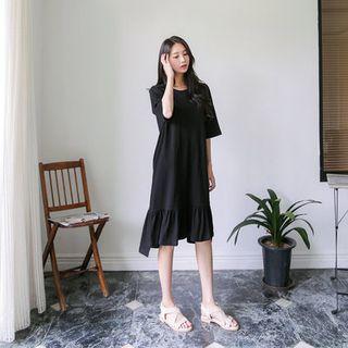 Elbow-sleeve Frill-hem Cotton Midi Dress