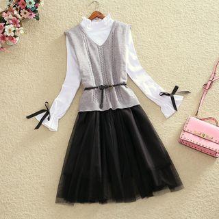 Ribbed Knit Vest / Set: Knit Vest + Long-sleeve Dress