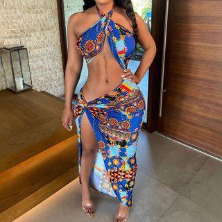 Halter-neck Patterned Cutout A-line Dress