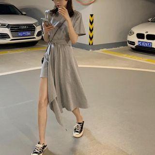 Cut Out Short-sleeve Midi A-line Dress Gray - One Size