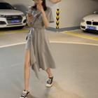Cut Out Short-sleeve Midi A-line Dress Gray - One Size