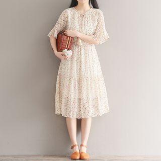 Floral Print Elbow-sleeve A-line Midi Dress