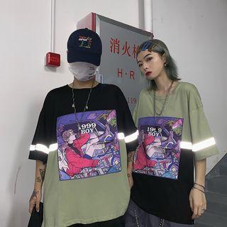 Couple Matching Elbow-sleeve Color Block Printed T-shirt
