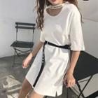 Lettering Cut Out Front Elbow Sleeve T-shirt Dress