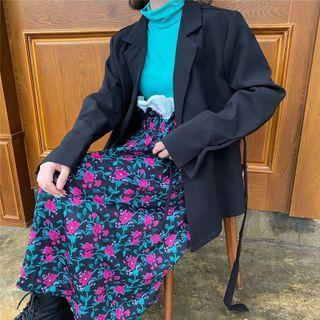 Long-sleeve Turtleneck Top / Blazer / Floral Print Midi A-line Skirt