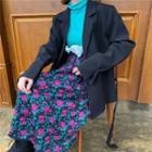 Long-sleeve Turtleneck Top / Blazer / Floral Print Midi A-line Skirt