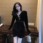 V-neck Long-sleeve Mini Dress Black - One Size