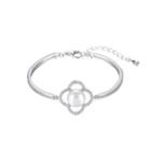 925 Sterling Silver Fashion And Elegant Four-leaf Clover White Freshwater Pearl Bangle With Cubic Zirconia Silver - One Size