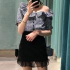 Set: Short-sleeve Plaid Blouse + Frill Hem Mini Skirt