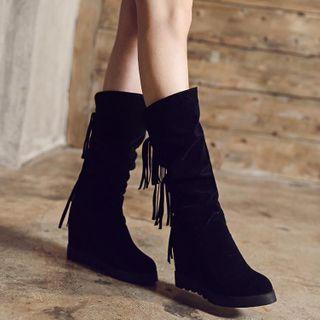 Hidden Wedge Fringed Mid-calf Boots