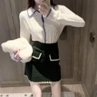 Plain Crewneck Single-breasted Loose-fit Long-sleeve Knit Cardigan / Plain High-waist A-line Skirt