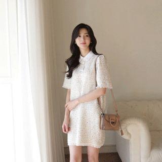 Collared Short-sleeve Tweed Minidress