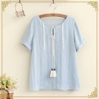Embroidered Tasseled Short Sleeve Top