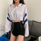 Long-sleeve Striped Zipped Cropped Top White - One Size