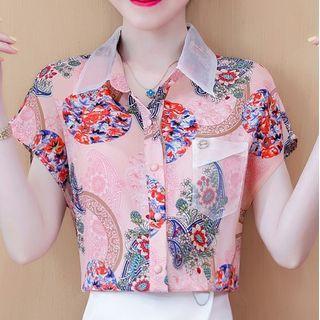 Flower-print Short-sleeve Chiffon Blouse