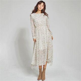 From Seoul Long-sleeve Gathered-waist Printed Chiffon Dress