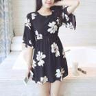Elbow-sleeve Floral Print Mini A-line Dress As Shown In Figure - One Size