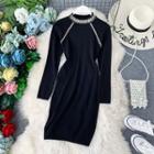 Beaded Long-sleeve Knit Sheath Dress Black - One Size