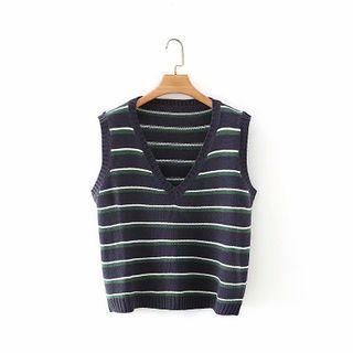 Striped Sweater Vest Navy Blue - One Size
