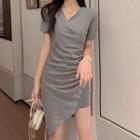 Short-sleeve Irregular Shirred Mini Sheath Dress