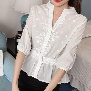 Flower Applique Elbow Sleeve Peplum Blouse