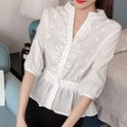 Flower Applique Elbow Sleeve Peplum Blouse