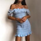 Mesh Panel Short-sleeve Shirred Mini Bodycon Dress
