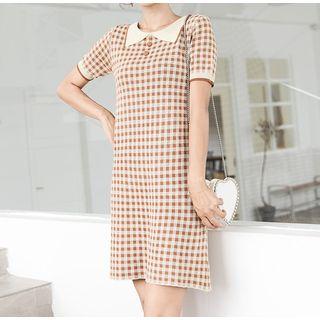 Short-sleeve Gingham Mini Knit Dress