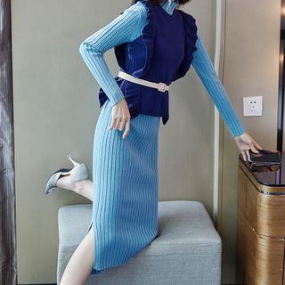 Set: Long-sleeve Mock-neck Midi Sheath Knit Dress + Vest