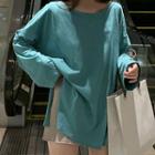 Long-sleeve Plain Loose-fit T-shirt Green - One Size
